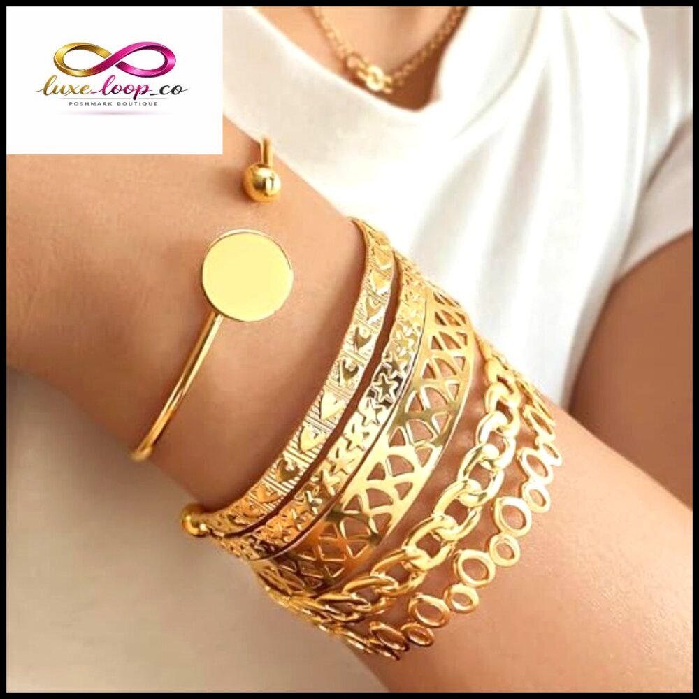 Adjustable 14k Gold Plated Bangle Bracelet Set, Multi-Layer Stackable Cuff - Picture 2 of 6